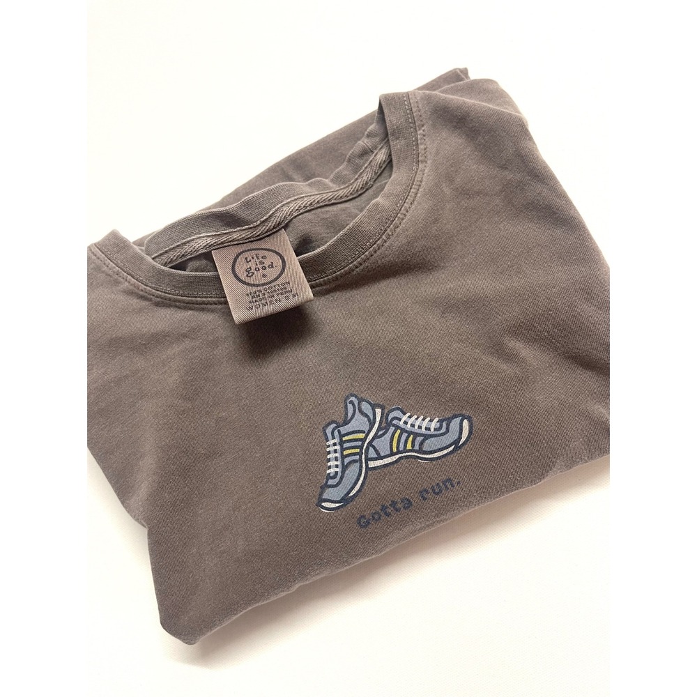 Life Is Good Womens Small Brown Long Sleeve Gotta Run Sneaker Graphic Tee Cotton